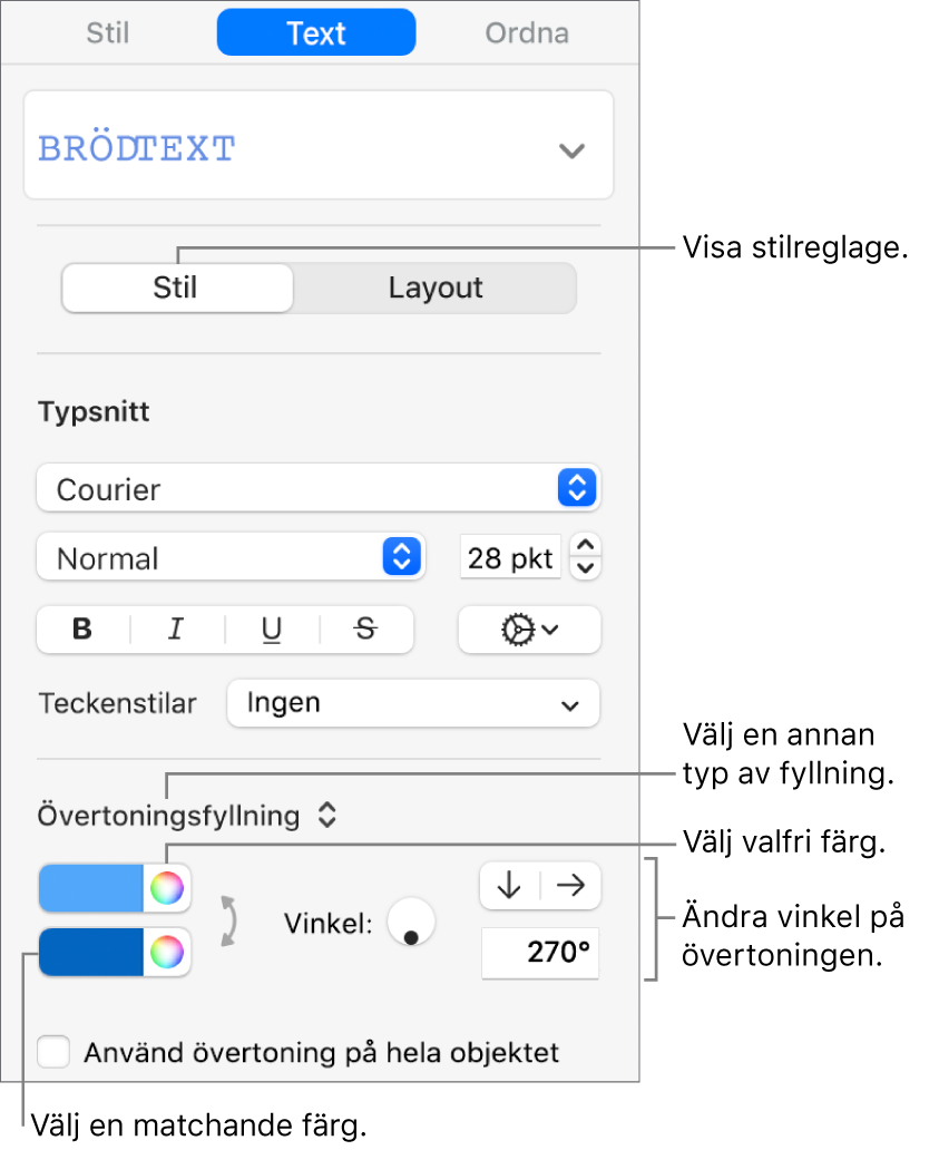 Reglage för att välja fördefinierade färger eller valfri färg.