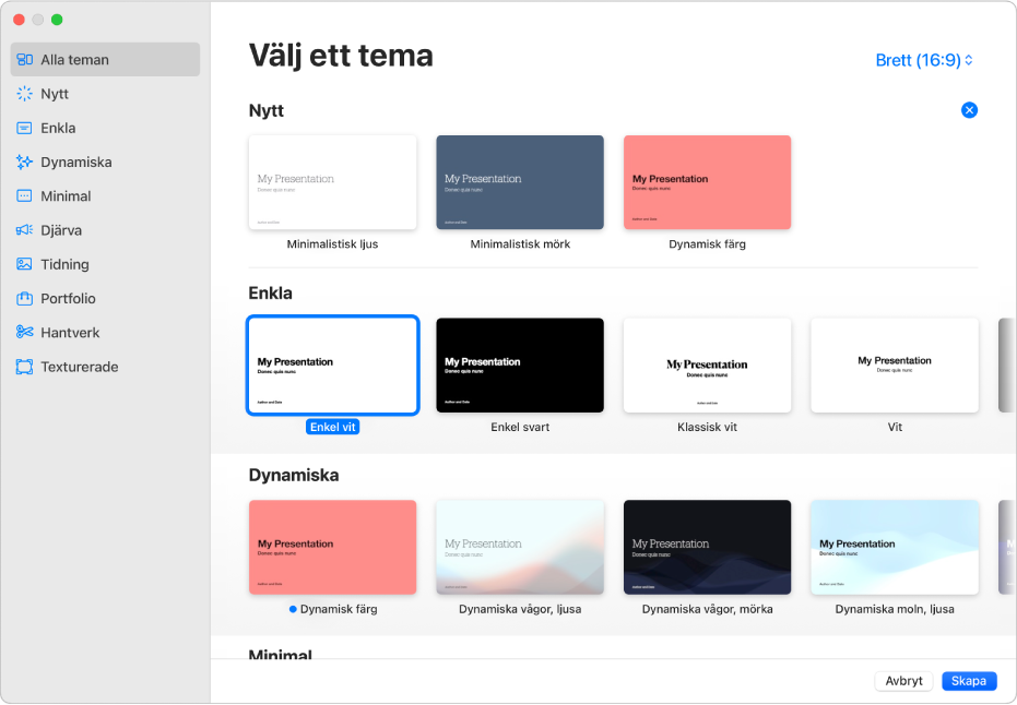 Temaväljaren. Ett sidofältet till vänster innehåller en lista med temakategorier som du kan klicka på för att filtrera alternativen. Till höger finns miniatyrer med fördesignade teman som är arrangerade i rader efter kategori. Temats storleksknapp finns i det övre högra hörnet där du kan ställa in Standard eller Brett som format. Knapparna Avbryt och Skapa i nedre högra hörnet.