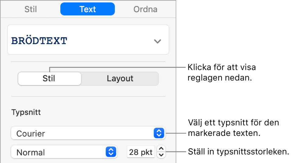 Textreglage för typsnitt och typsnittsstorlek under Stil i sidofältet.