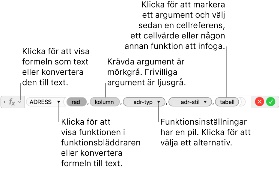 Formelredigeraren visar funktionen ADRESS och dess argumentvariabler.