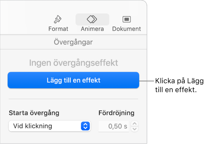 Knappen Lägg till en effekt under Animera i sidofältet.