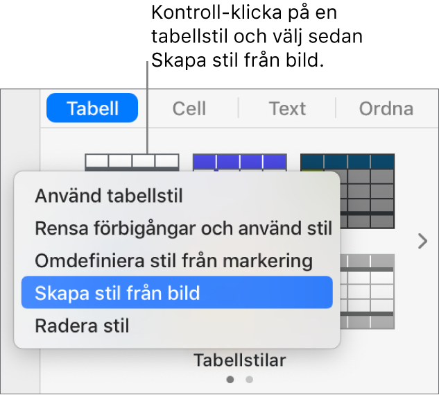 Kontextmenyn för tabellstilar.