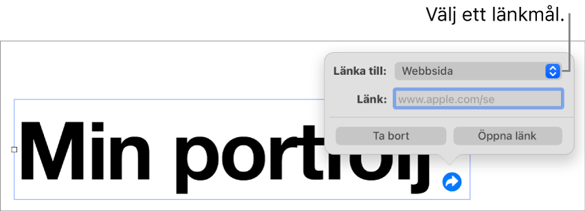 Länkredigerarreglage med Webbsida markerat och knapparna Ta bort och Öppna länk längst ned.