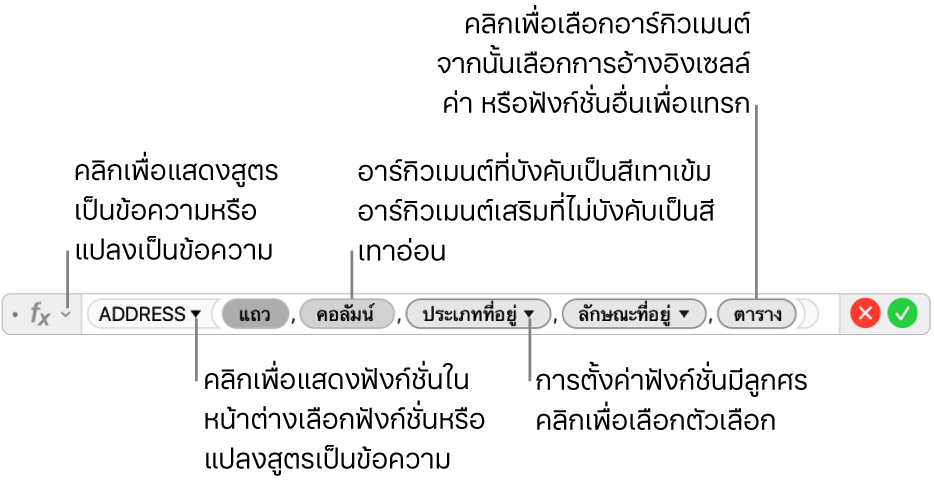 ตัวแก้ไขสูตรที่แสดงฟังก์ชั่น ADDRESS และโทเค็นอาร์กิวเมนต์