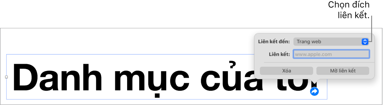 Các điều khiển của trình sửa liên kết với Trang web được chọn và các nút Xóa và Mở liên kết nằm ở cuối.