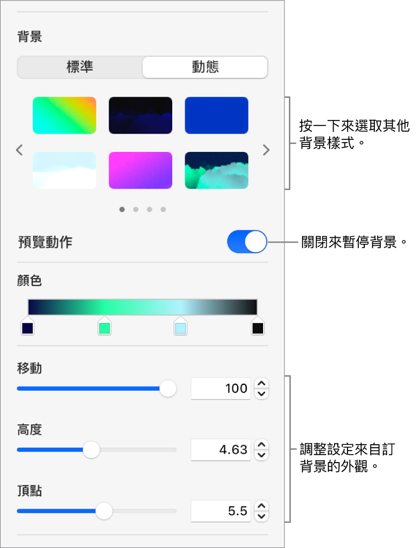 在「格式」側邊欄中的「背景」部份中，已選擇「動態」按鈕，並顯示動態背景樣式、動作預覽控制項目，以及外觀控制項目。