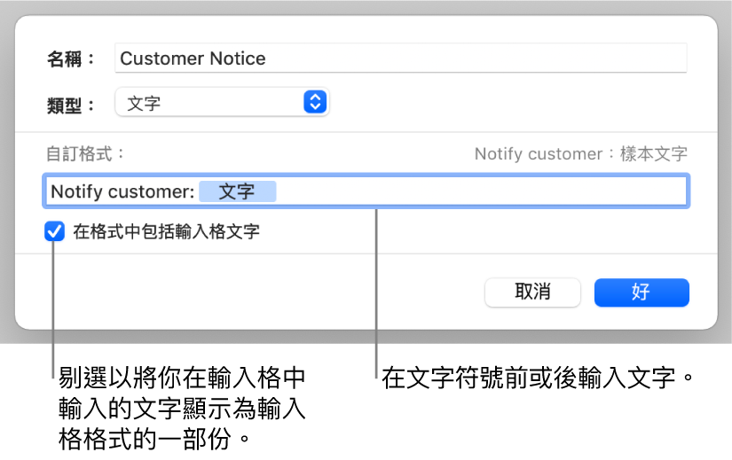 自訂文字輸入格格式。