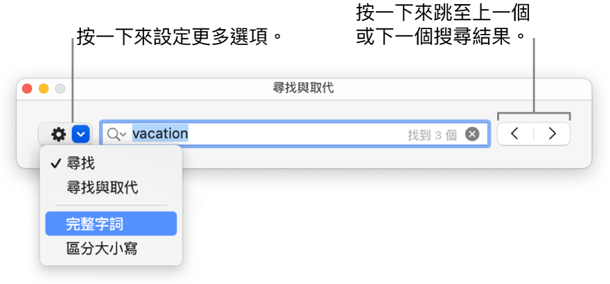 「尋找與取代」視窗，並有彈出式選單顯示「尋找」、「尋找與取代」、「完整字詞」和「區分大小寫」的選項。右邊的箭嘴可讓你跳到上一個或下一個搜尋結果。