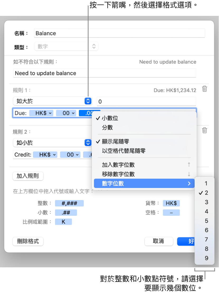 帶有控制項目的自訂輸入格格式視窗，用來製作自訂數字格式。