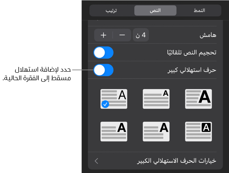 توجد عناصر تحكم في الاستهلال المسقط في قائمة النص.