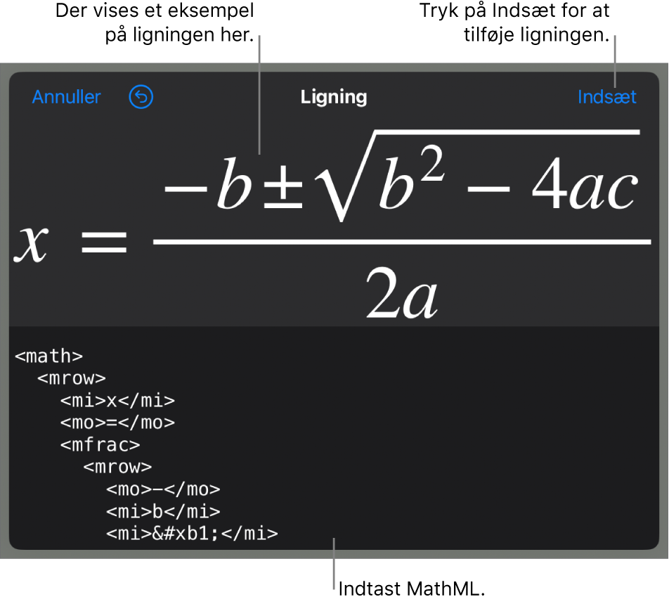 Dialogen Ligning, der viser ligningen skrevet ved hjælp af MathML-kommandoer og derover et eksempel på formlen.