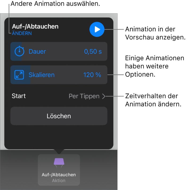 Animationsoptionen wie „Dauer“ und „Start“. Tippe auf „Ändern“, um eine andere Animation zu wählen, oder tippe auf „Vorschau“, um eine Vorschau der Animation anzuzeigen.