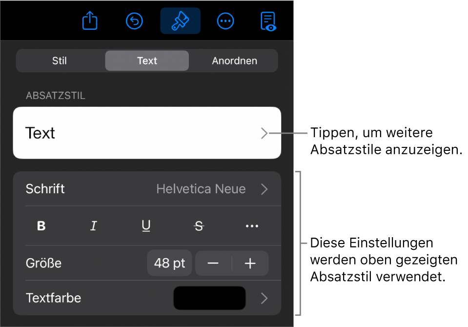 Das Menü „Format“ mit Textsteuerelementen zum Festlegen von Absatz- und Zeichenstilen, Schrift, Größe und Farbe