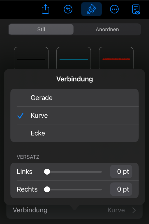 Die Steuerelemente im Abschnitt „Verbindung“ mit dem ausgewählten Element „Kurve“.