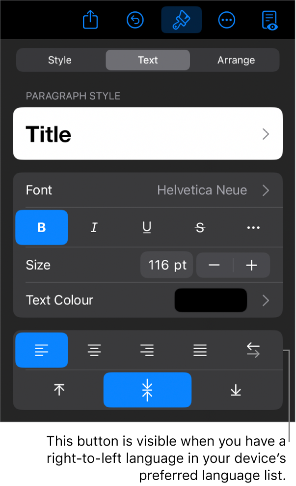 Text controls in the Format menu, with a call-out to the Left to Right button.