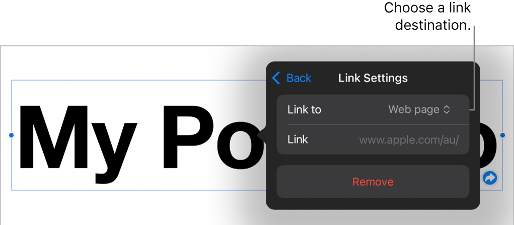 The Link Settings controls with Web Page selected, and the Remove button at the bottom.