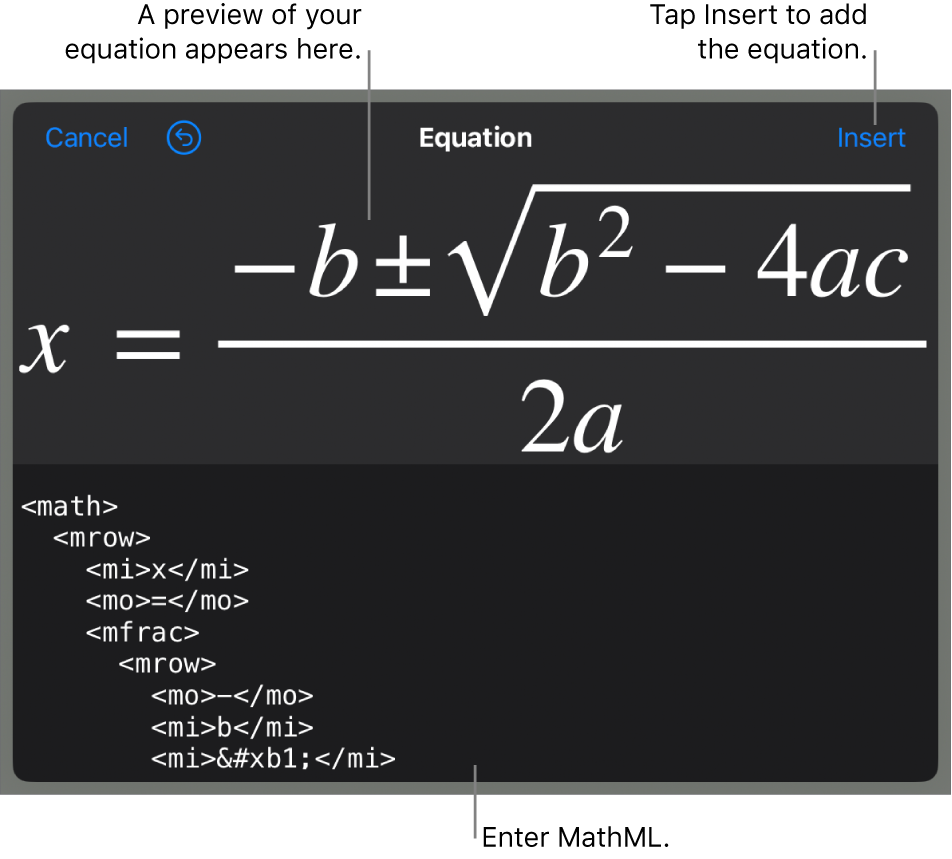 The Equation dialogue, showing an equation written using MathML commands, and a preview of the formula above.