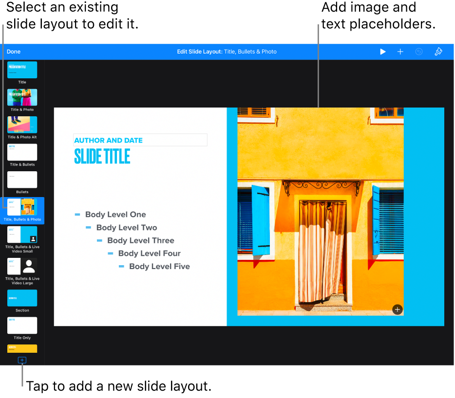 A slide layout showing on the slide canvas, with the Add Slide Layout button at the bottom of the slide navigator.