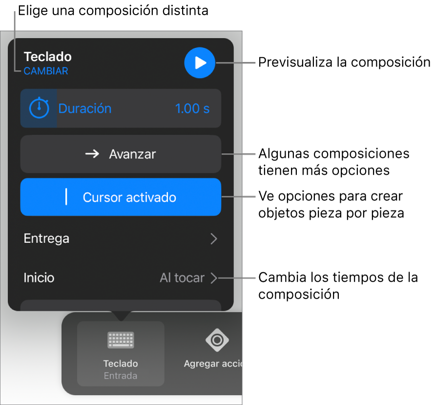 Las opciones de composición incluyen los tiempos de duración, entrega e inicio. Toca Cambiar para seleccionar una composición distinta, o toca Vista previa para obtener una vista previa de la composición.