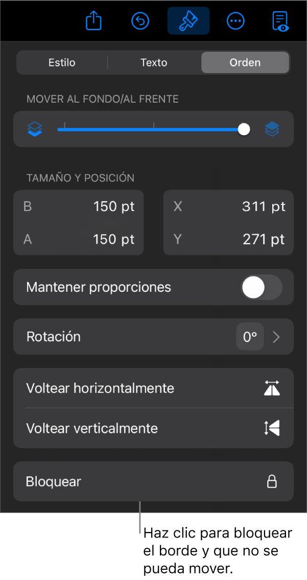 Los controles Disposición del menú Formato con un mensaje en la opción Bloquear.