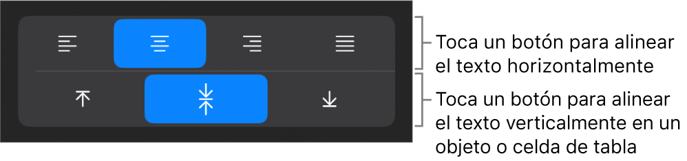 Botones de alineación horizontal y vertical para el texto.