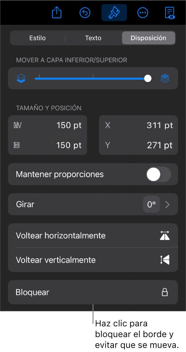 Controles de Disposición en el menú Formato con el botón Bloquear señalado.