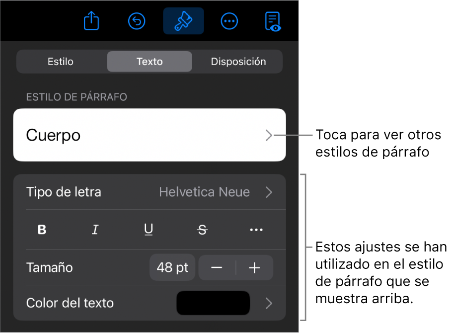 El menú Formato, que muestra controles de texto para configurar los estilos de párrafo y carácter, tipo de letra, tamaño y color.