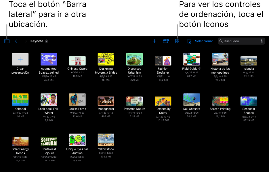 La vista de exploración del gestor de presentaciones con el botón “Barra lateral” en la esquina superior izquierda. En la parte superior derecha están los botones Añadir, “Nueva carpeta”, Iconos (para ordenar por nombre, fecha, tamaño o etiqueta), Seleccionar y Buscar. Debajo hay miniaturas de las presentaciones existentes.