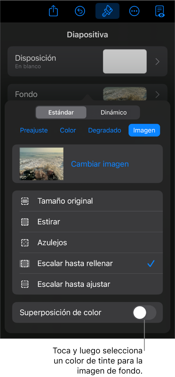 Los controles de Fondo con una imagen establecida como el fondo de la diapositiva y el control “Superposición de color” en la parte inferior.