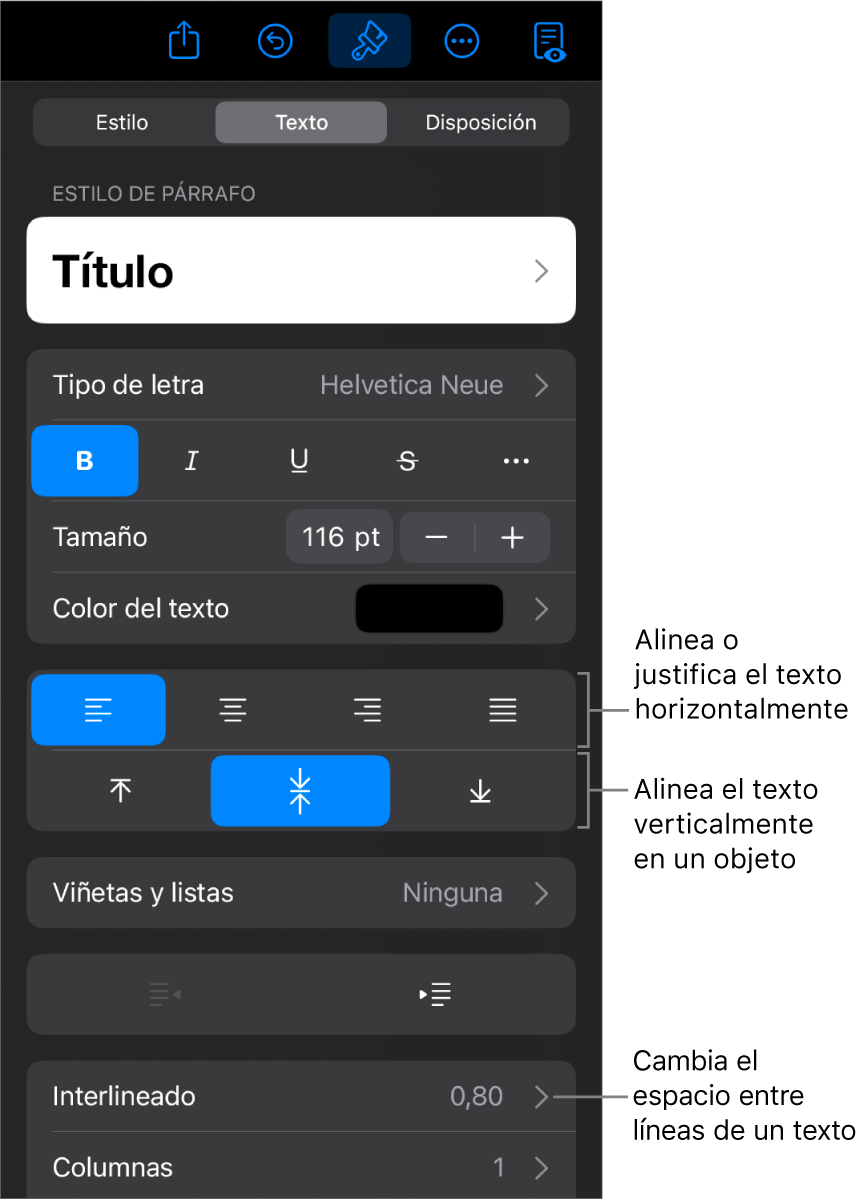 El panel Alineación con llamadas a los botones de alineación de texto y espaciado.