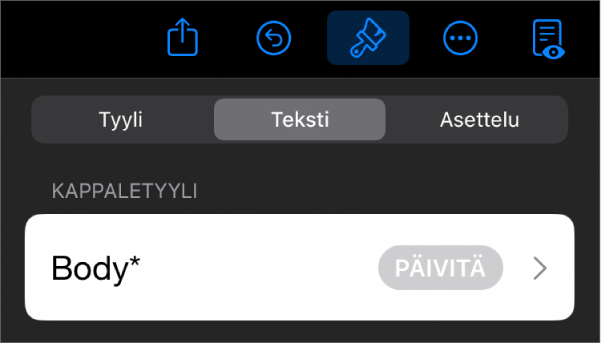 Kappaletyylin nimi, jonka vieressä on tähtimerkki ja oikealla puolella Päivitä-painike.