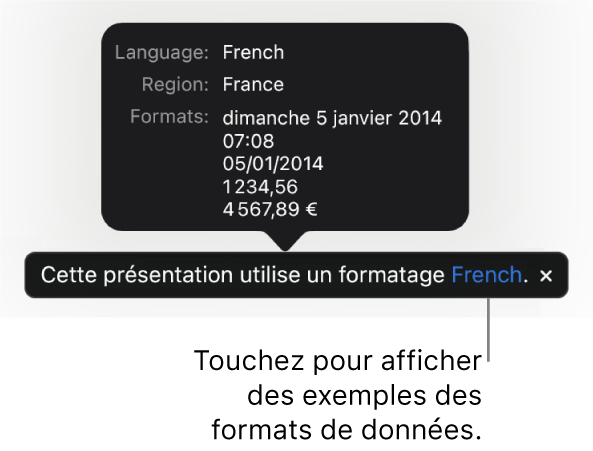 La notification du réglage de langue et de région différent affichant des exemples de la mise en forme correspondant à cette langue et à cette région.