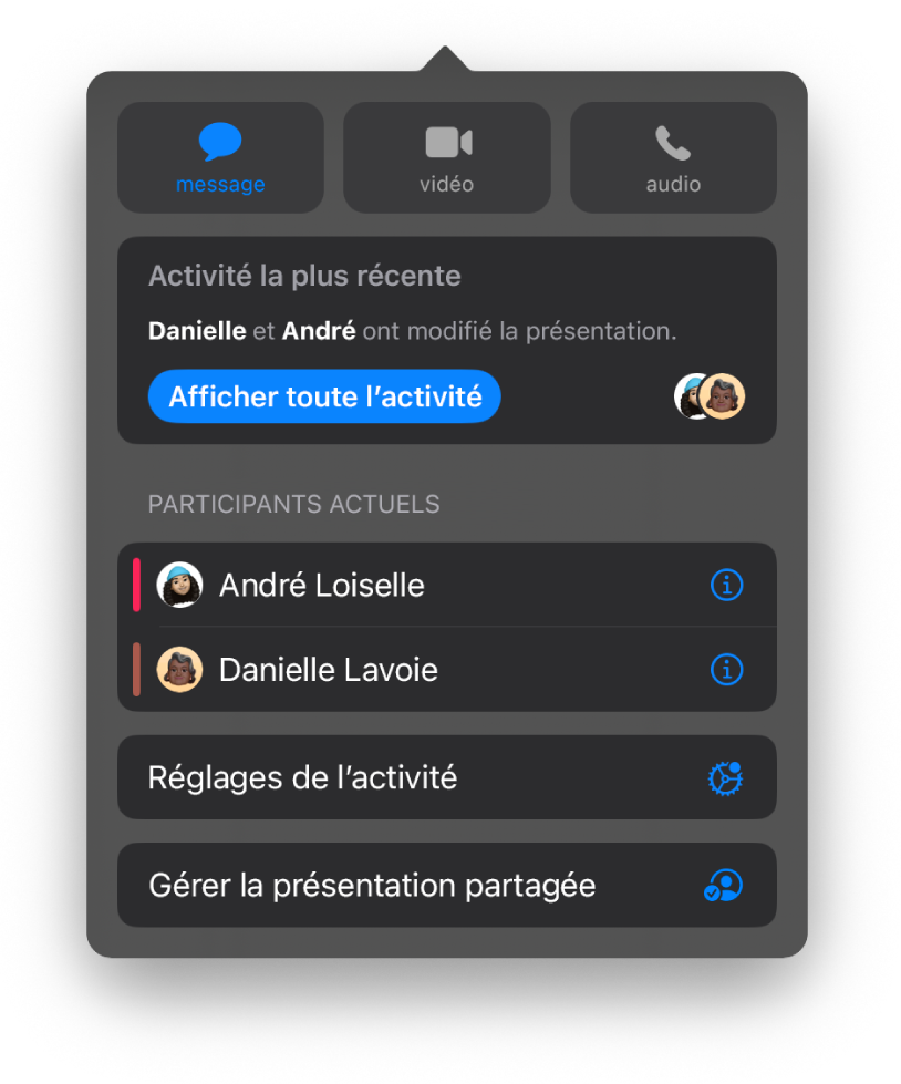 Le menu de collaboration affiche les noms des personnes qui collaborent dans la présentation.