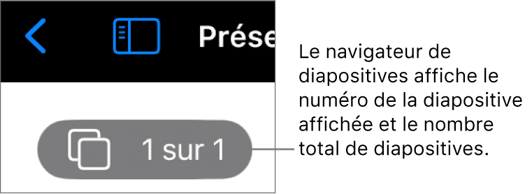 Le bouton du navigateur de diapositives affichant le numéro de la diapositive actuelle et le nombre total de diapositives dans la présentation.