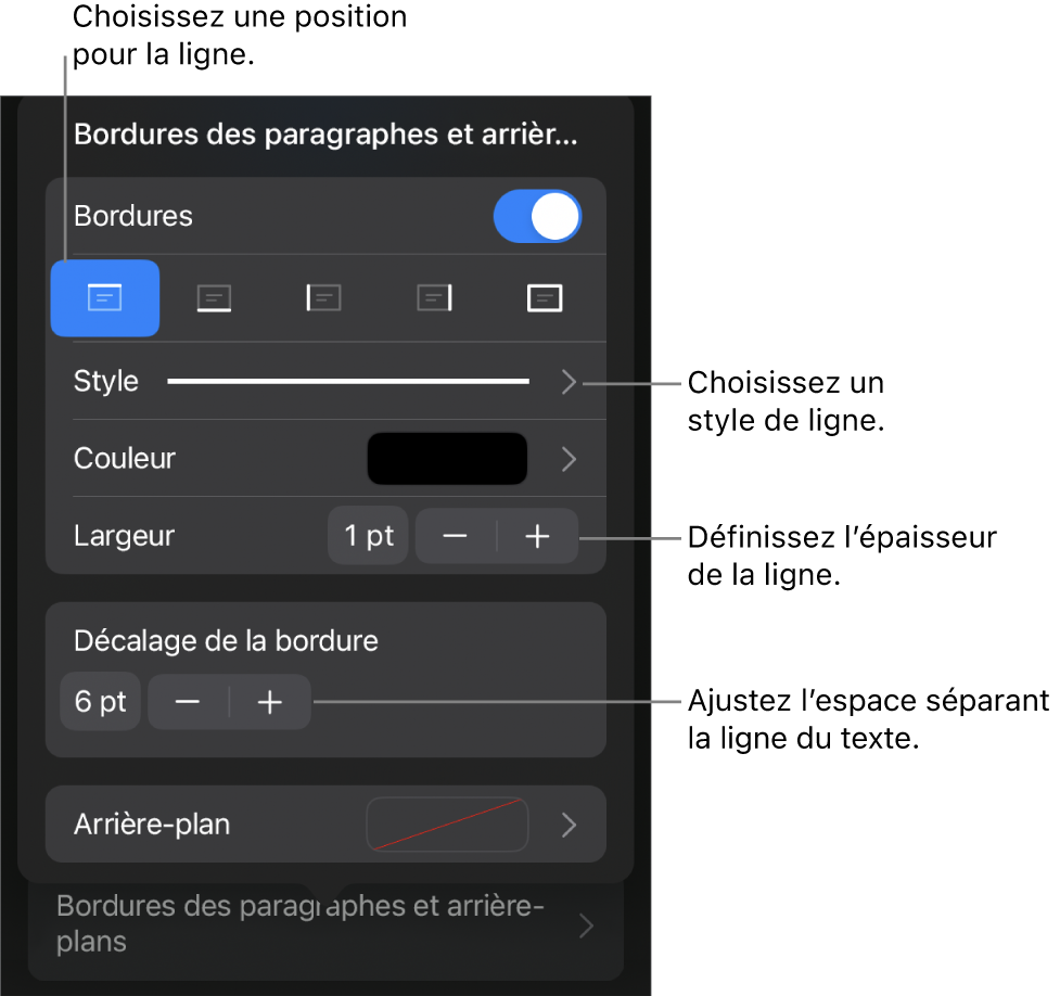 Commandes permettant de modifier le style, l’épaisseur, la position et la couleur de la ligne.