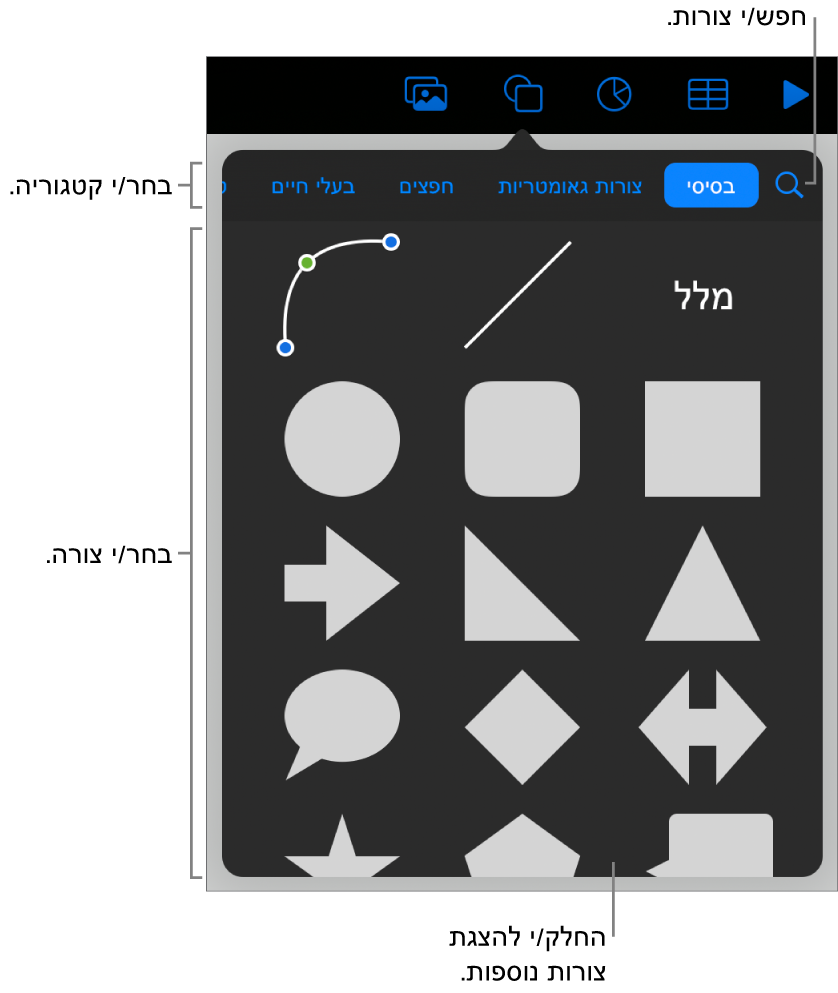 ספריית הצורות, כשקטגוריות מופיעות למעלה וצורות מוצגות למטה. ניתן להשתמש בשדה החיפוש בראש המסך כדי למצוא צורות ולהחליק כדי לראות צורות נוספות.