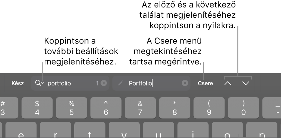 A Keresés és csere vezérlői a billentyűzet fölött, a Keresési beállítások, a Csere, az Ugrás felfelé és az Ugrás lefelé gombokat jelölő feliratokkal.