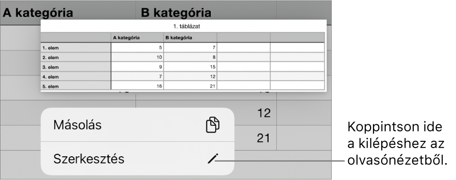 Egy kijelölt táblázatcella, amely fölött a Másolás és Szerkesztés gombokat tartalmazó menü látható.
