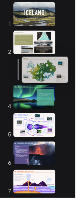 Navigator slide menunjukkan slide yang diindentasi dengan garis di sebelah kiri.