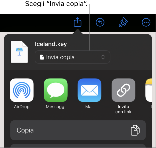 Il menu Condividi con l’opzione “Invia copia” selezionata in alto.