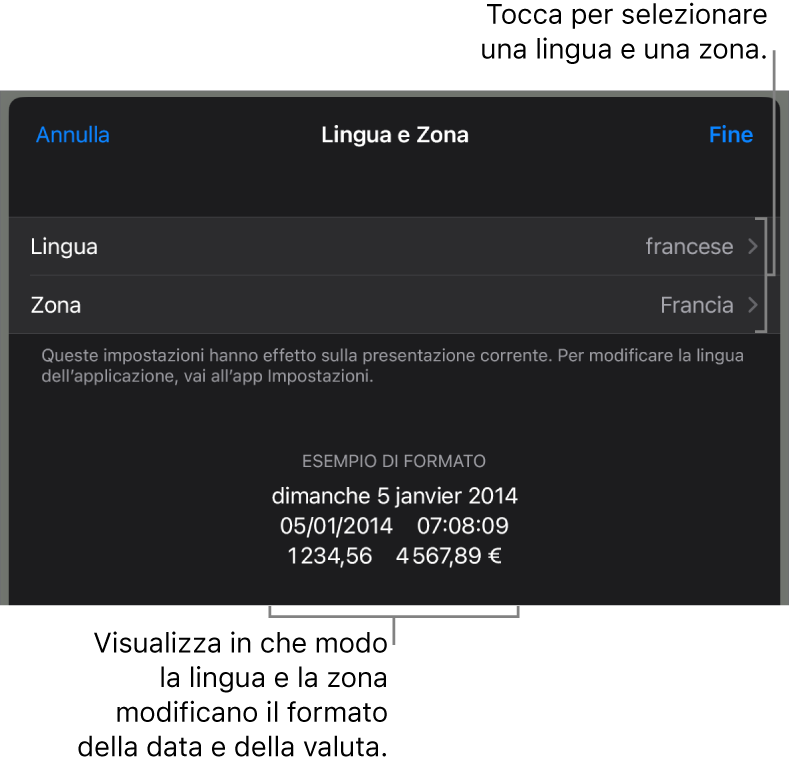 Il pannello Lingua e Zona con i controlli per lingua e zona e un esempio di formato che include data, ora, numeri decimali e valuta.