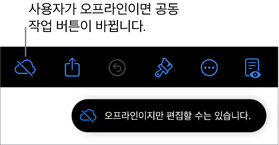 화면 상단의 버튼 중, 공동 작업 버튼이 대각선이 있는 구름으로 바뀜. ‘오프라인이지만 편집할 수는 있습니다.’라는 경고가 화면에 있음.