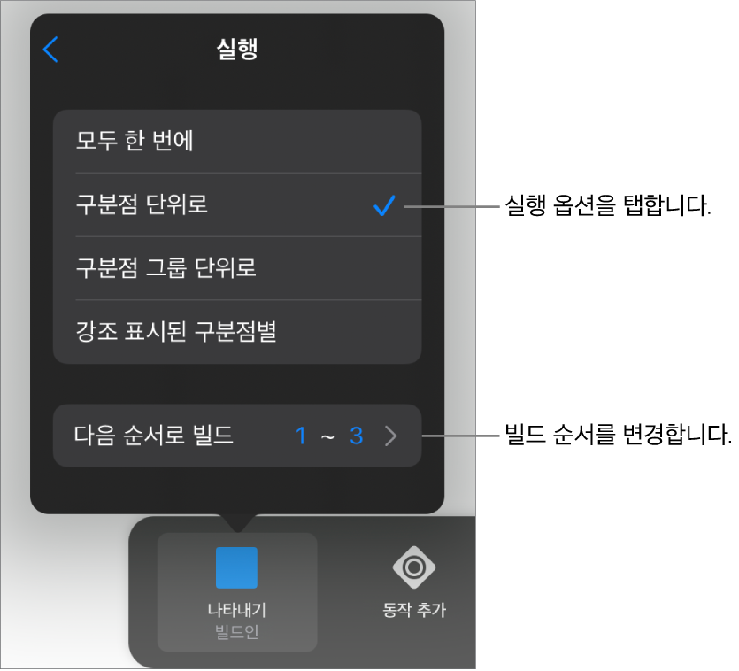 빌드인 패널에 실행 옵션.