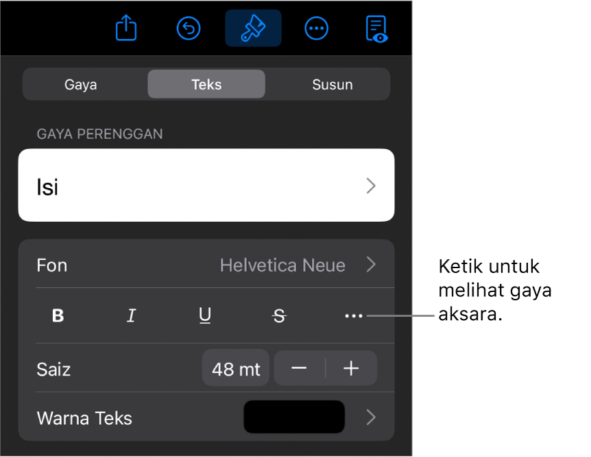 Kawalan Format dengan gaya perenggan di bahagian atas, kemudian kawalan Fon. Di bawah fon ialah butang Tebal, Italik, Garis Bawah, Garis Potong dan Lebih Banyak Pilihan Teks.