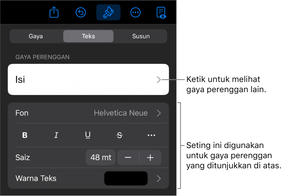 Menu Format menunjukkan kawalan teks untuk mengesetkan perenggan dan gaya, fon, saiz dan warna aksara.