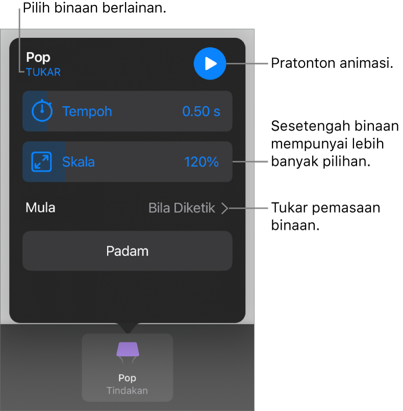 Pilihan binaan menyertakan Tempoh dan Masa mula. Ketik Tukar untuk memilih binaan yang berbeza, atau ketik Pratonton untuk pratonton binaan.