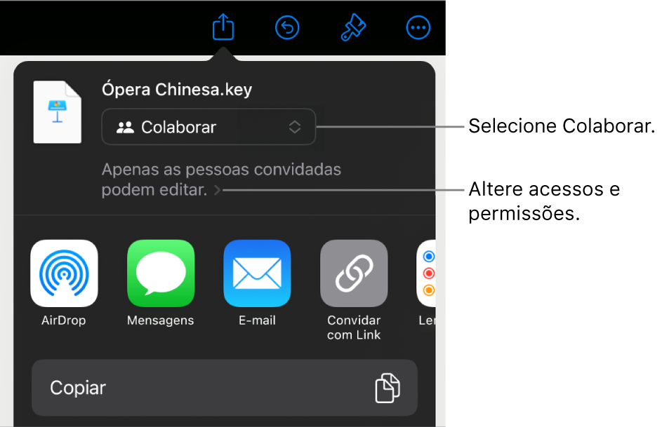 Menu Compartilhar com Colaborar selecionado na parte superior e os ajustes de acesso e permissão abaixo.
