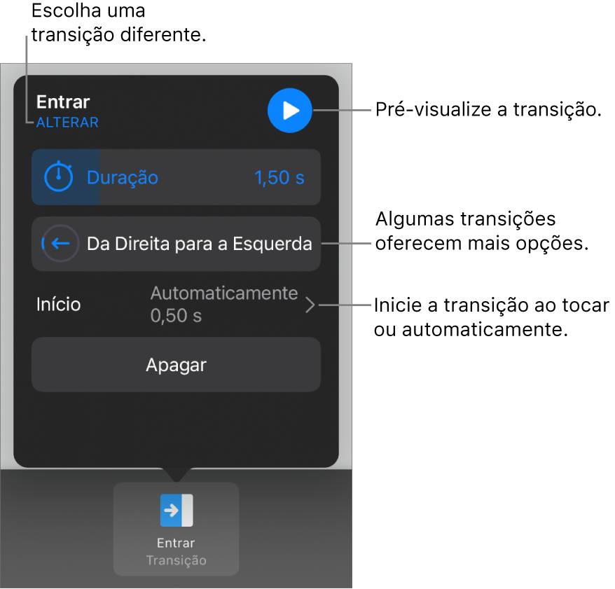 Controles no painel Opções para modificar uma transição.