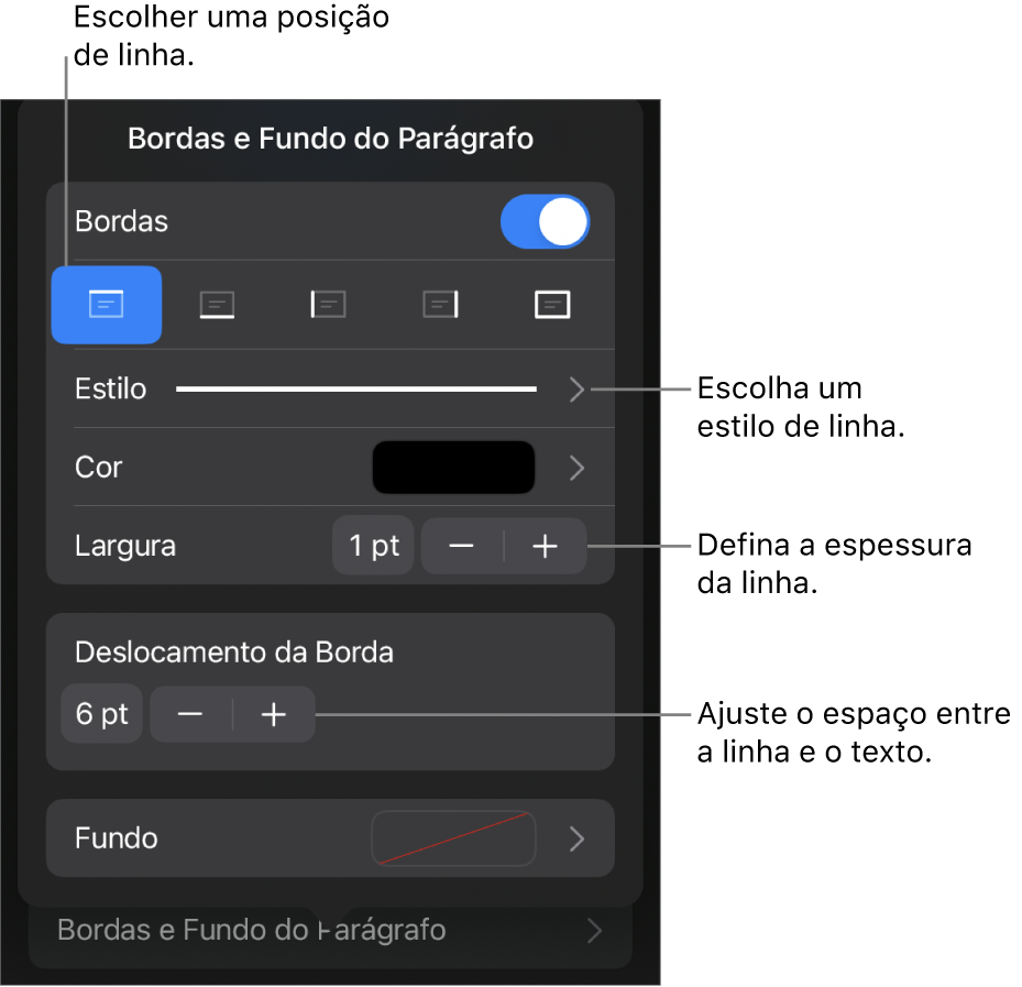 Controles para alterar o estilo, a espessura, a posição e a cor da linha.