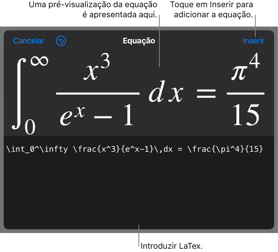 A caixa de diálogo “Equação”, apresentando uma equação escrita com recurso aos comandos LaTeX e uma pré-visualização da fórmula em cima.